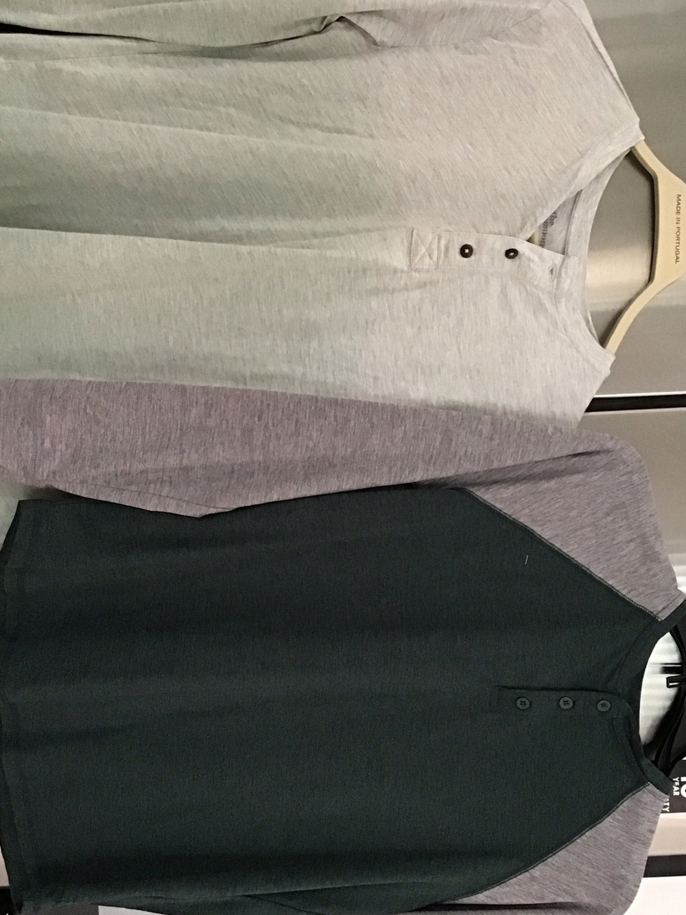 Two-Tone Henley Tops in Light Gray, Lavender, and Forest Green